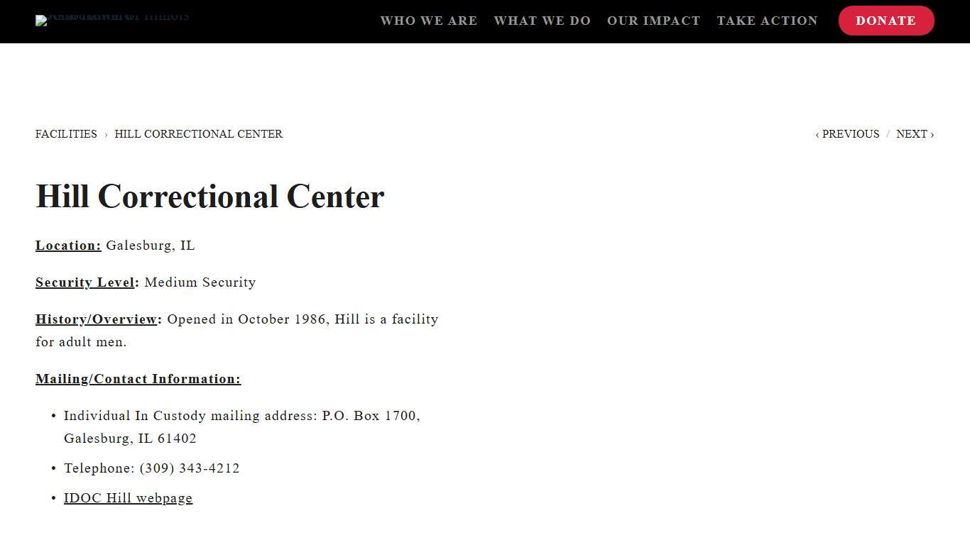 Hill Correctional Center — John Howard Association of Illinois